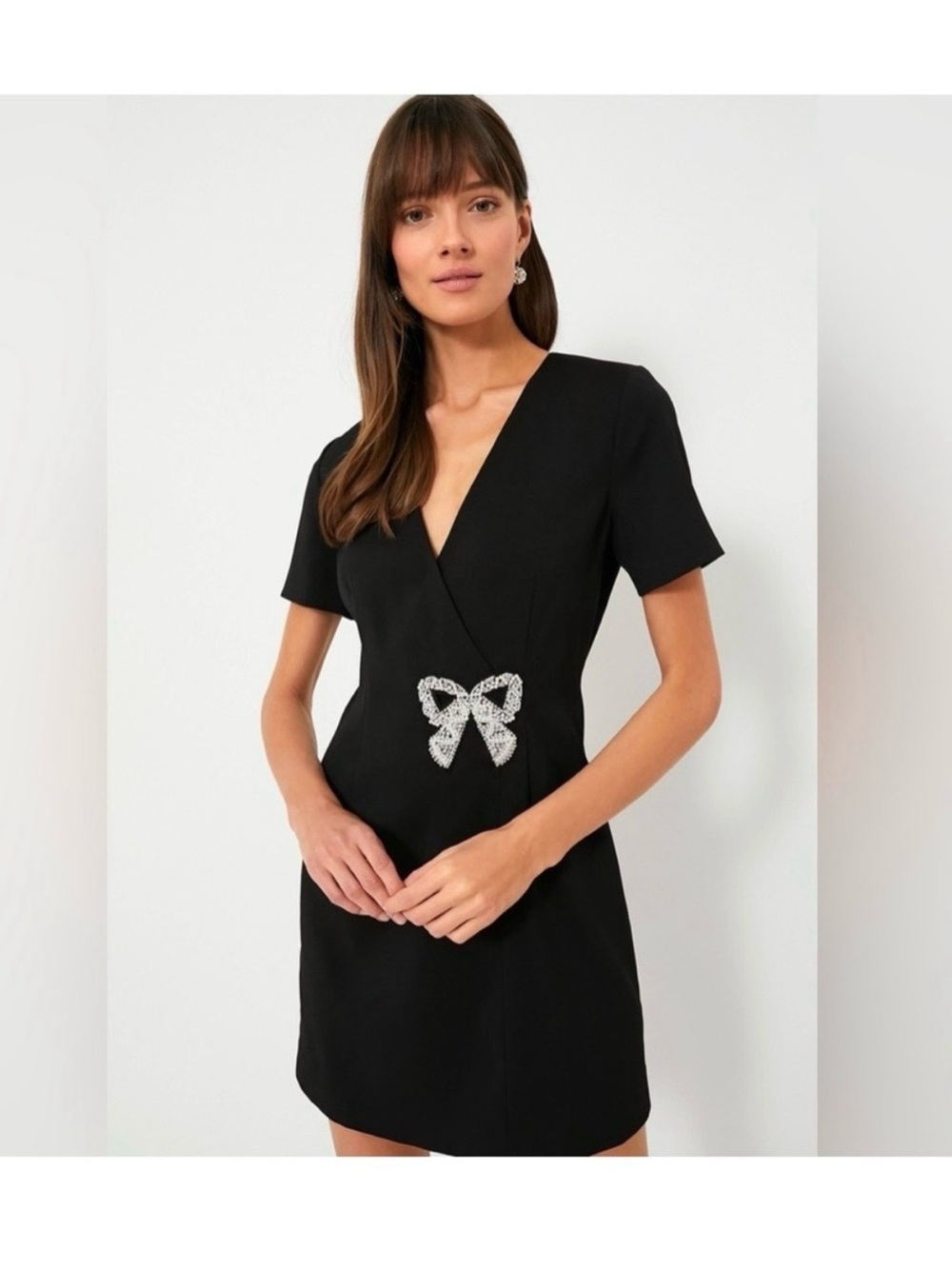 Hyacinth House Amal Black Beaded Bow Mini V neck Cocktail Evening Dress sz L